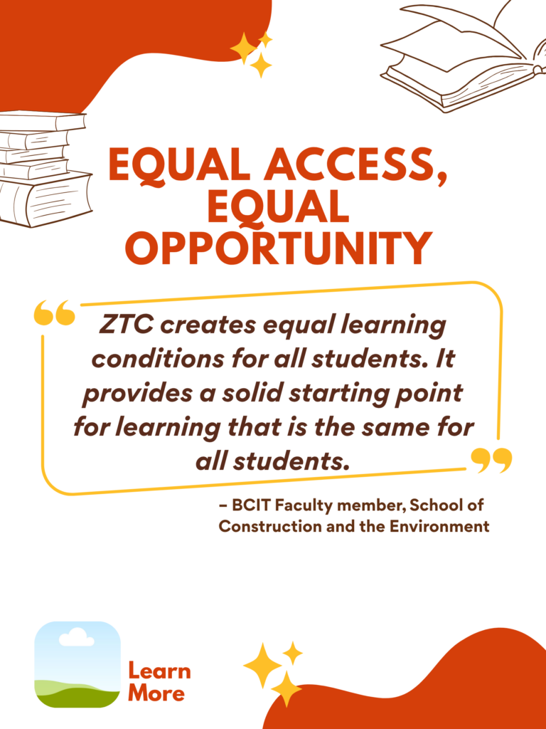 Orange and white ZTC poster. Equal Access, Equal Opportunity: "ZTC creates equal learning conditions for all students. It provides a solid starting point for learning that is the same for all students." - BCIT Faculty member, School of Construction and the Environment. Learn More.
