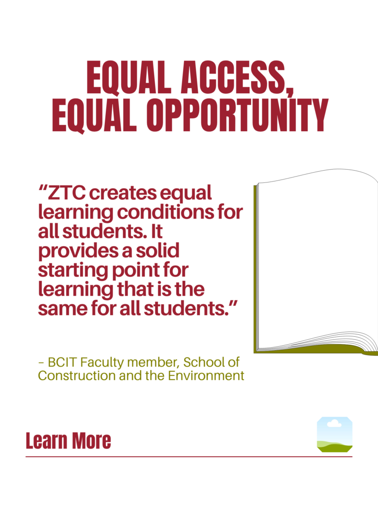Red and green ZTC poster. Equal Access, Equal Opportunity: "ZTC creates equal learning conditions for all students. It provides a solid starting point for learning that is the same for all students." - BCIT Faculty member, School of Construction and the Environment. Learn More.