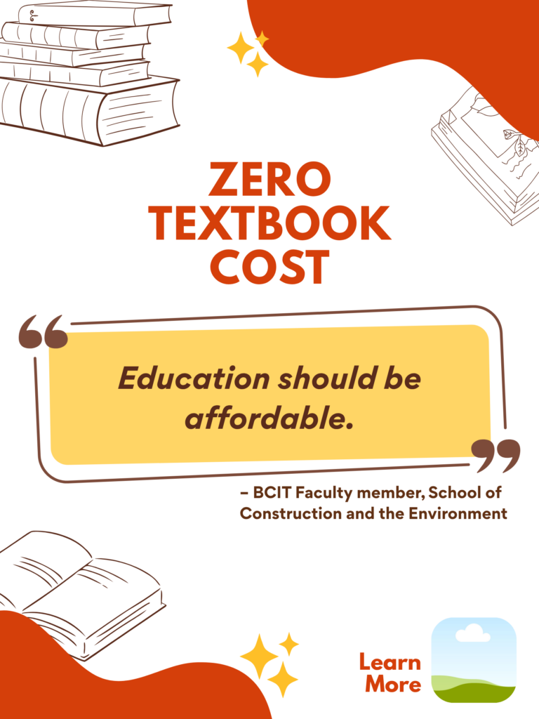 Orange and white ZTC poster. Zero Textbook Cost: "Education should be affordable." - BCIT Faculty member, School of Construction and the Environment. Learn More.
