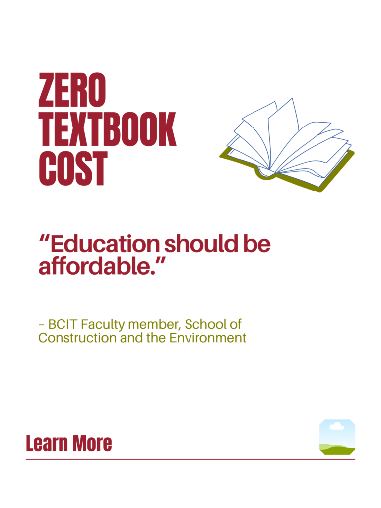 Red and green ZTC poster. Zero Textbook Cost: "Education should be affordable." - BCIT Faculty member, School of Construction and the Environment. Learn More.