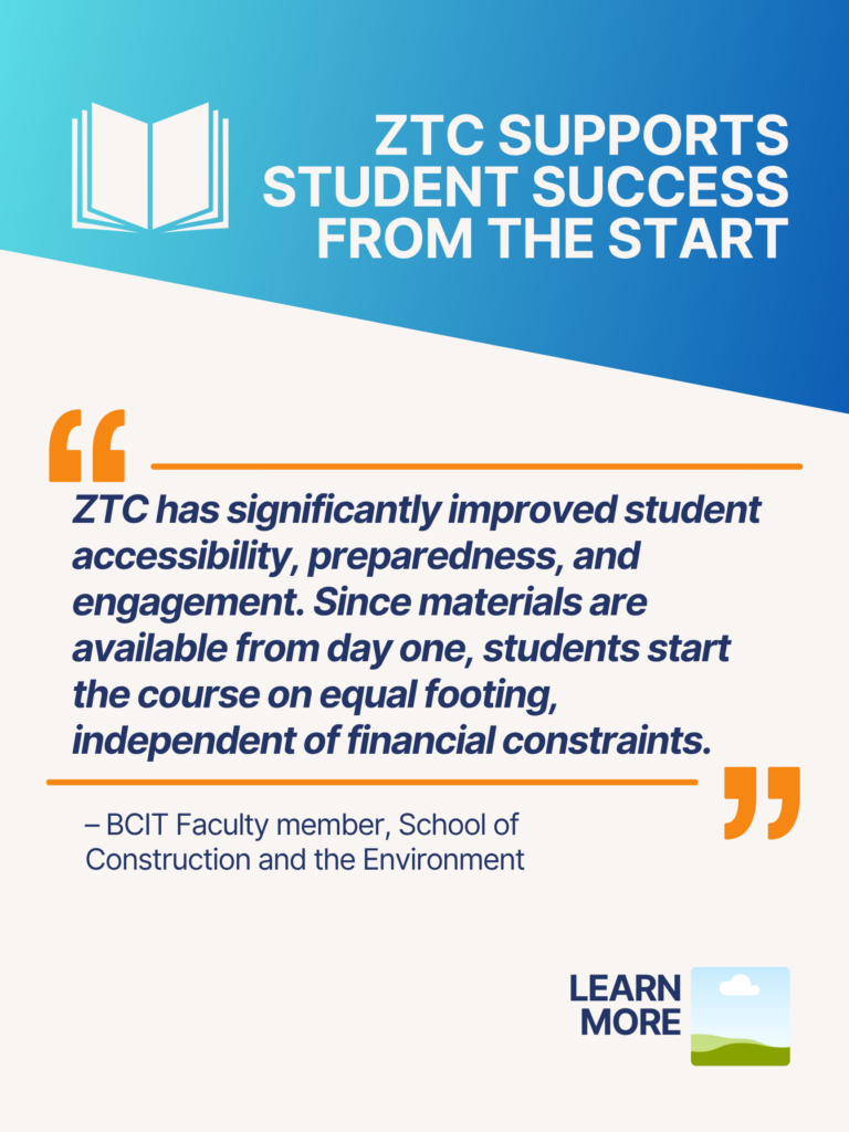 Blue and orange ZTC poster. ZTC Supports Student Success from the Start: "ZTC has significantly improved student accessibility, preparedness, and engagement. Since materials are available from day one, students start the course on equal footing, independent of financial constraints." - BCIT Faculty member, School of Construction and the Environment. Learn More.