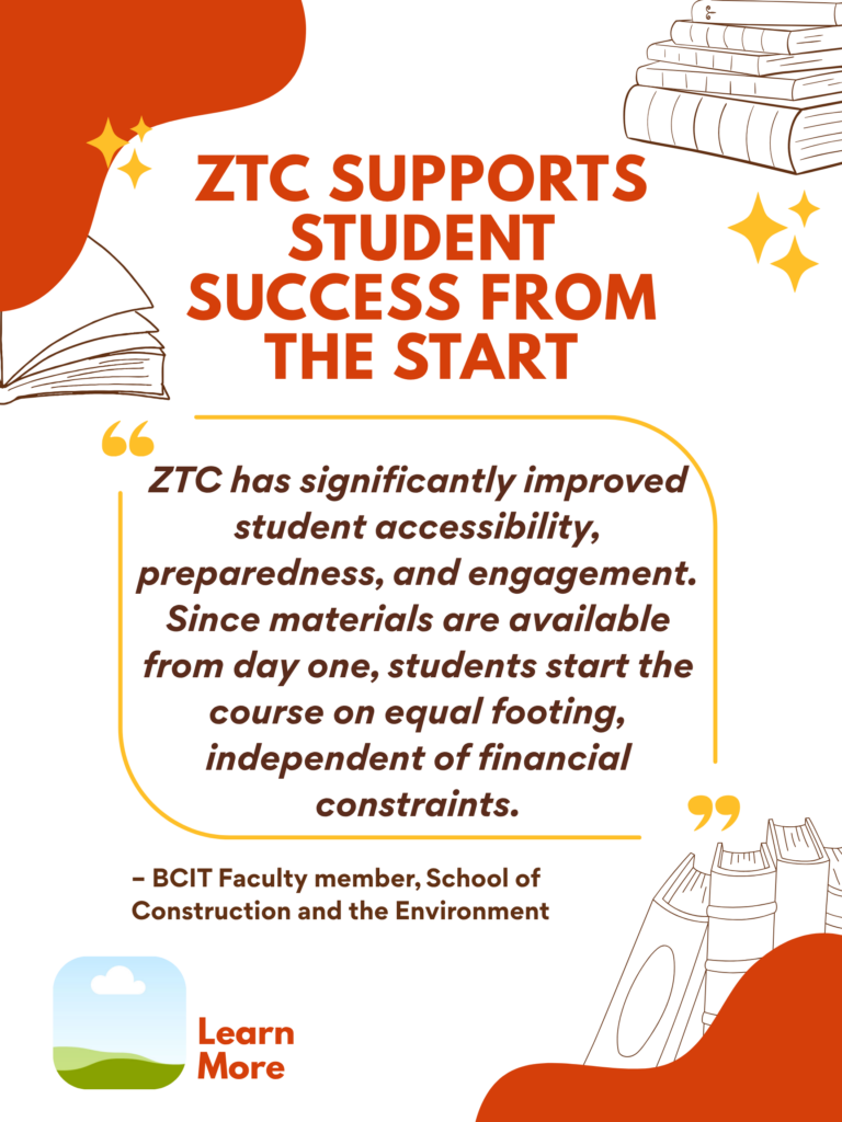 Orange and white ZTC poster. ZTC Supports Student Success from the Start: "ZTC has significantly improved student accessibility, preparedness, and engagement. Since materials are available from day one, students start the course on equal footing, independent of financial constraints." - BCIT Faculty member, School of Construction and the Environment. Learn More.