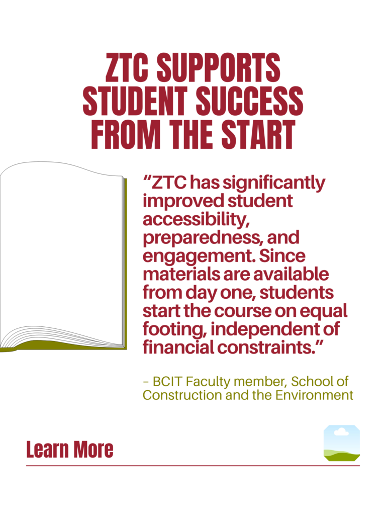 Red and green ZTC poster. ZTC Supports Student Success from the Start: "ZTC has significantly improved student accessibility, preparedness, and engagement. Since materials are available from day one, students start the course on equal footing, independent of financial constraints." - BCIT Faculty member, School of Construction and the Environment. Learn More.