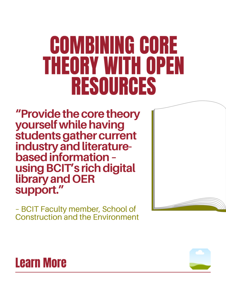 Red and green ZTC poster. Combining Core Theory with Open Resources: "Provide the core theory yourself while having students gather current industry and literature-based information – using BCIT's rich digital library and OER support." - BCIT Faculty member, School of Construction and the Environment. Learn More.