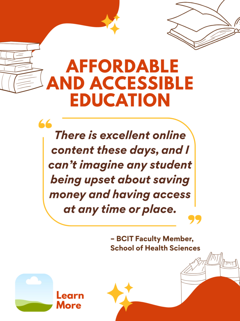 Orange and white ZTC poster. Affordable and Accessible Education: "There is excellent online content these days, and I can't imagine any student being upset about saving money and having access at any time or place." - BCIT Faculty Member, School of Health Sciences. Learn More.