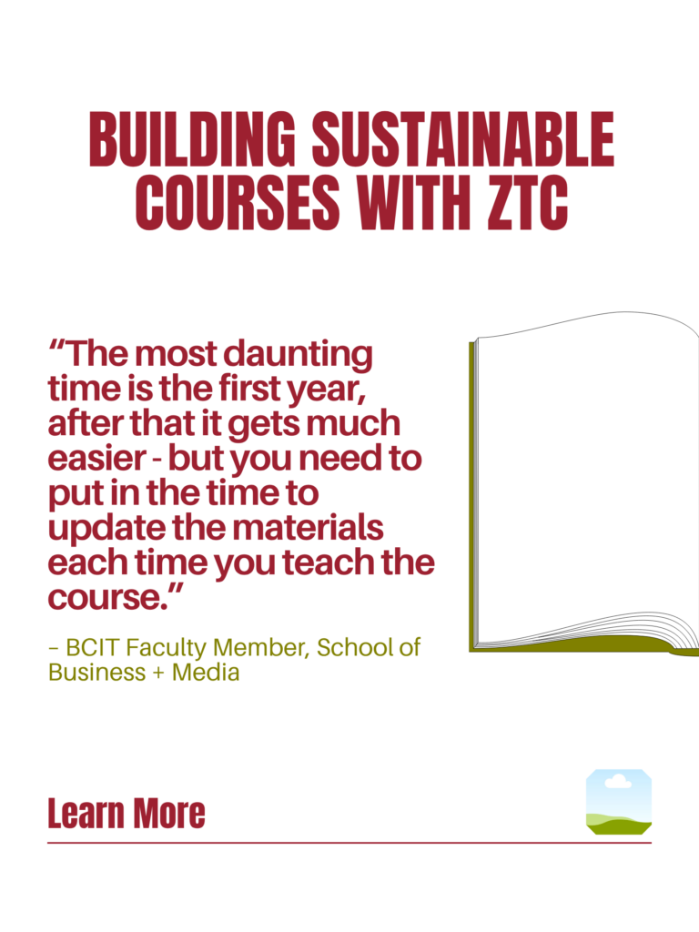 Red and green ZTC poster. Building Sustainable Courses with ZTC: "The most daunting time is the first year, after that it gets much easier - but you need to put in the time to update the materials each time you teach the course." - BCIT Faculty Member, School of Business + Media. Learn More.