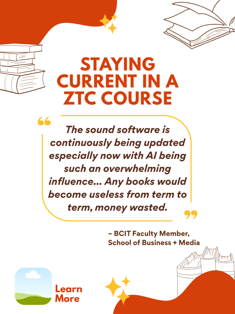 Orange and white ZTC poster. Staying Current in a ZTC Course: "The sound software is continuously being updated especially now with AI being such an overwhelming influence... Any books would become useless from term to term, money wasted." - BCIT Faculty Member, School of Business + Media. Learn More.
