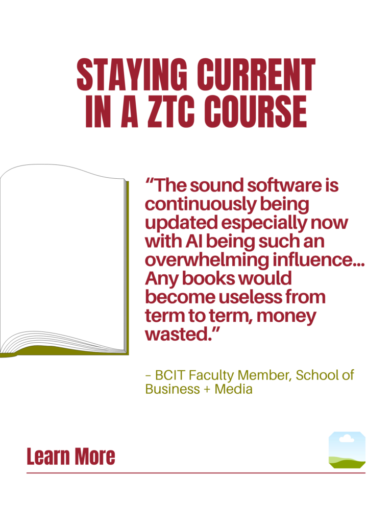 Red and green ZTC poster. Staying Current in a ZTC Course: "The sound software is continuously being updated especially now with AI being such an overwhelming influence... Any books would become useless from term to term, money wasted." - BCIT Faculty Member, School of Business + Media. Learn More.