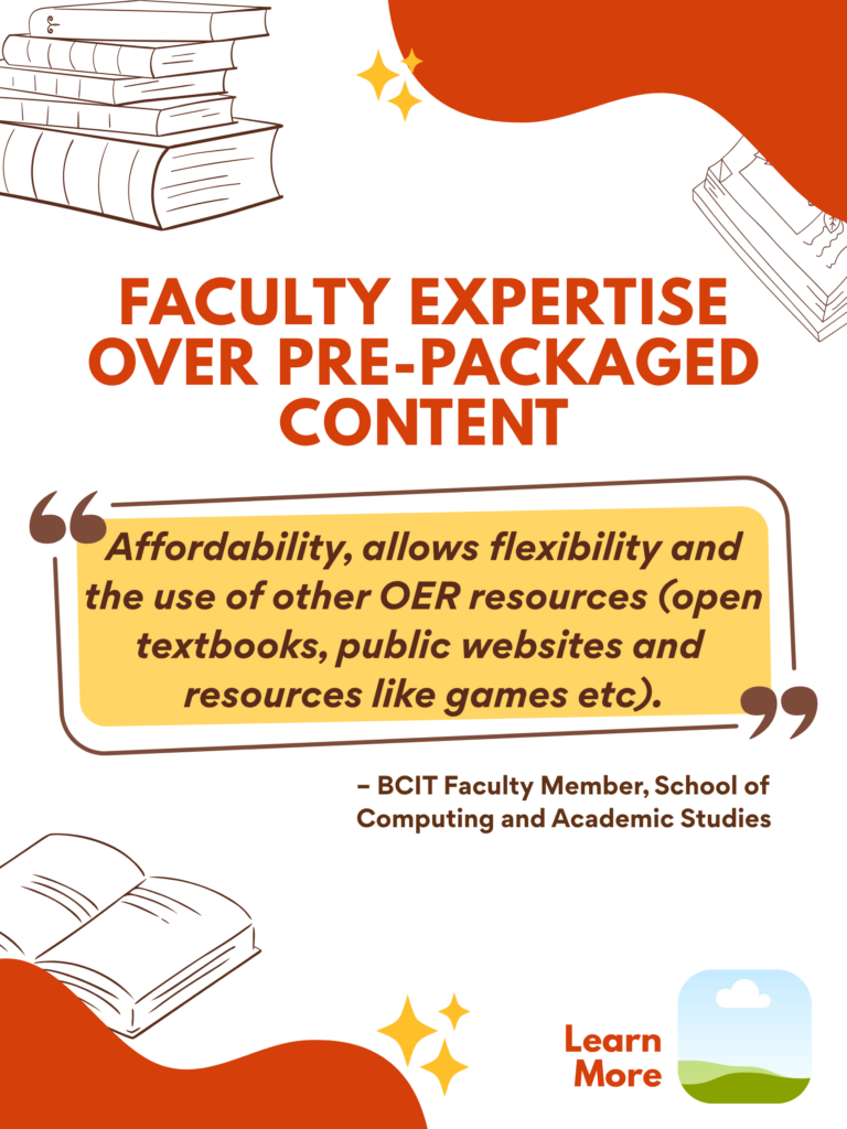 Orange and white ZTC poster. Faculty Expertise Over Pre-Packaged Content: "Affordability and knowledge that faculty are developing their own training materials rather than using others' pre-packaged resources." - BCIT Faculty Member, School of Computing and Academic Studies. Learn More.