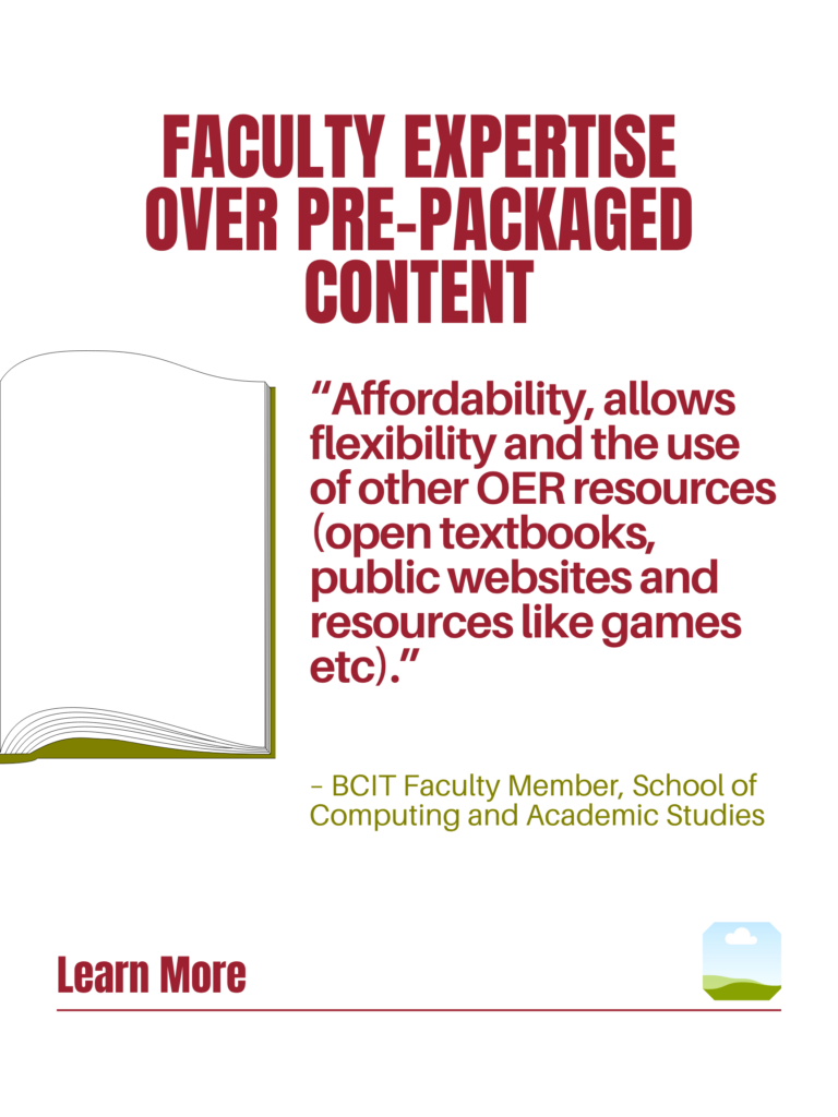 Red and green ZTC poster. Faculty Expertise Over Pre-Packaged Content: "Affordability and knowledge that faculty are developing their own training materials rather than using others' pre-packaged resources." - BCIT Faculty Member, School of Computing and Academic Studies. Learn More.