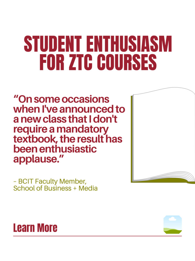 Red and green ZTC poster. Student Enthusiasm for ZTC Courses: "On some occasions when I've announced to a new class that I don't require a mandatory textbook, the result has been enthusiastic applause." - BCIT Faculty Member, School of Business + Media. Learn More.