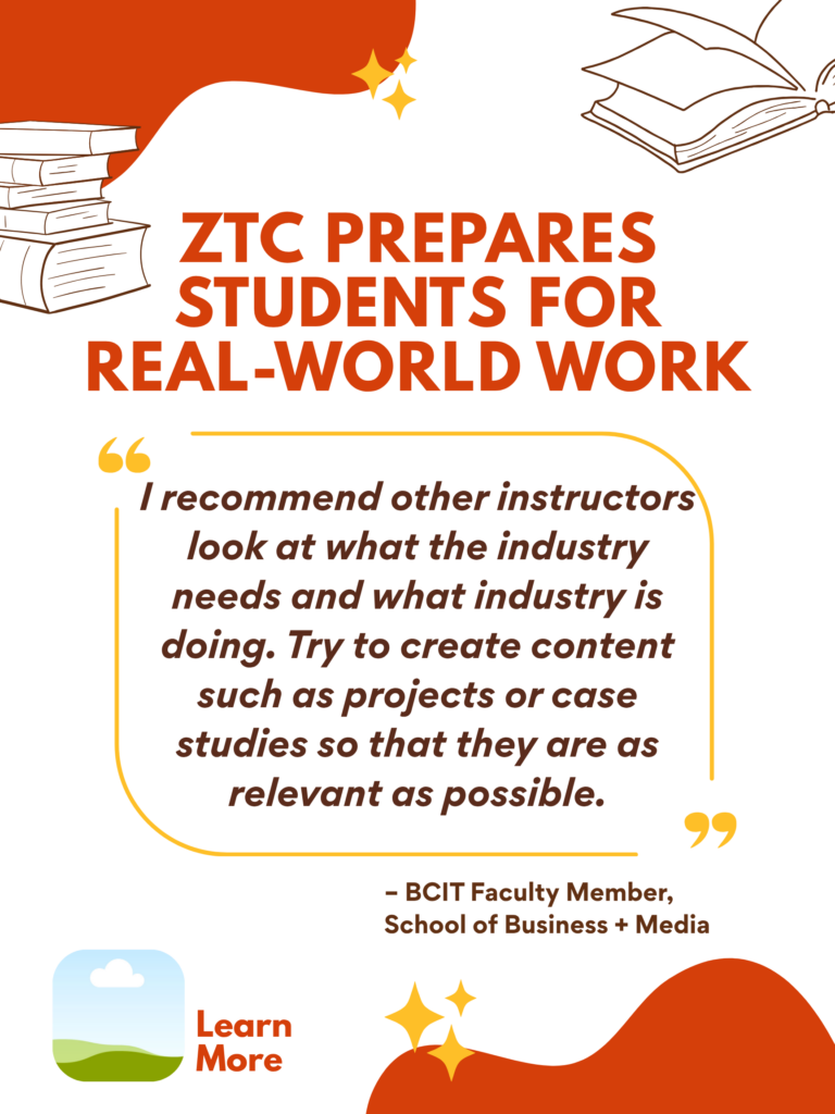 Orange and white ZTC poster. ZTC prepares Students for Real-World Work: "I recommend other instructors look at what the industry needs and what industry is doing. Try to create content such as projects or case studies so that they are as relevant as possible." - BCIT faculty Member, School of Business + Media. Learn More.