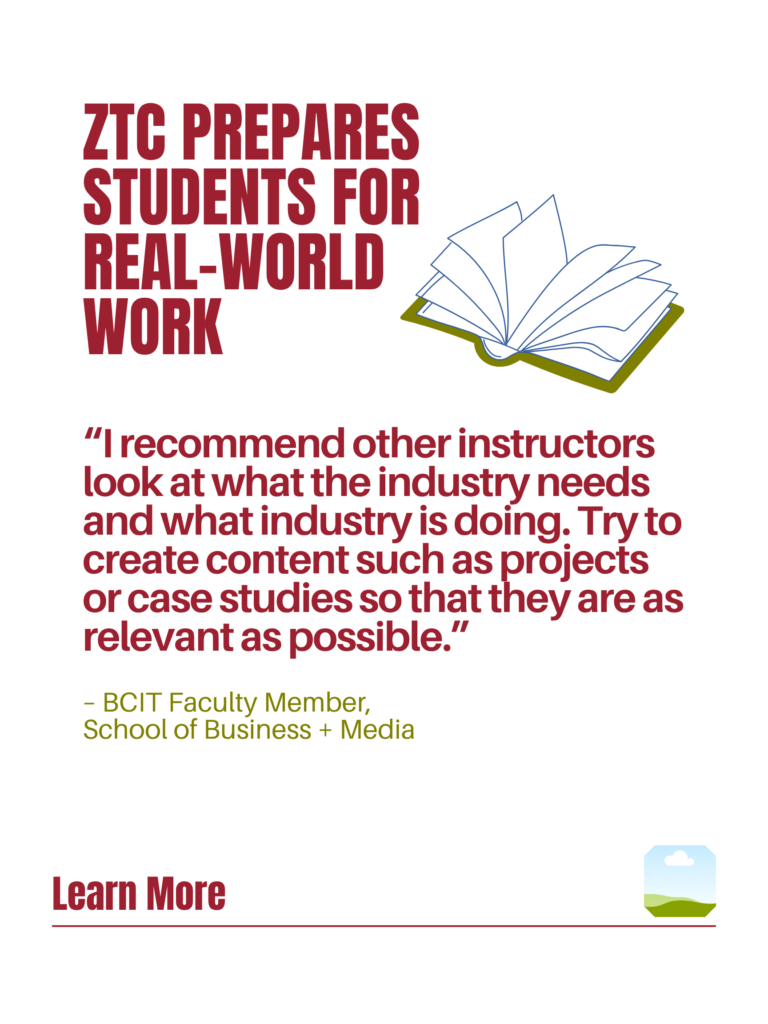 Red and green ZTC poster. ZTC prepares Students for Real-World Work: "I recommend other instructors look at what the industry needs and what industry is doing. Try to create content such as projects or case studies so that they are as relevant as possible." - BCIT faculty Member, School of Business + Media. Learn More.