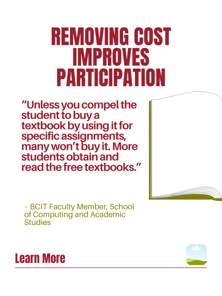Red and green ZTC poster. Removing Cost Improves Participation: "Unless you compel the student to buy a textbook by using it for specific assignments, many won't buy it. More students obtain and read the free textbooks." - BCIT Faculty Member, School of Computing and Academic Studies. Learn More.